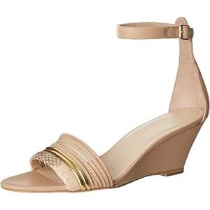 Loeffler Randall Addie Genuine Leather Gold Metallic Ankle Strap Wedge Heels 10‎